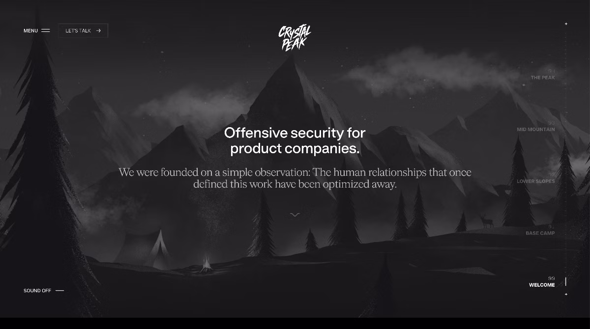 Mid-scroll camera frame from the Crystal Peak Security mountain scene.